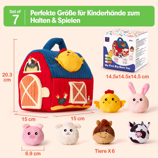 hahaland Baby Spielzeug 6-12 Monate,Bauernhoftiere & Bauernhof Montessori Sensorisches Spielzeug mit Scheune,Rassel