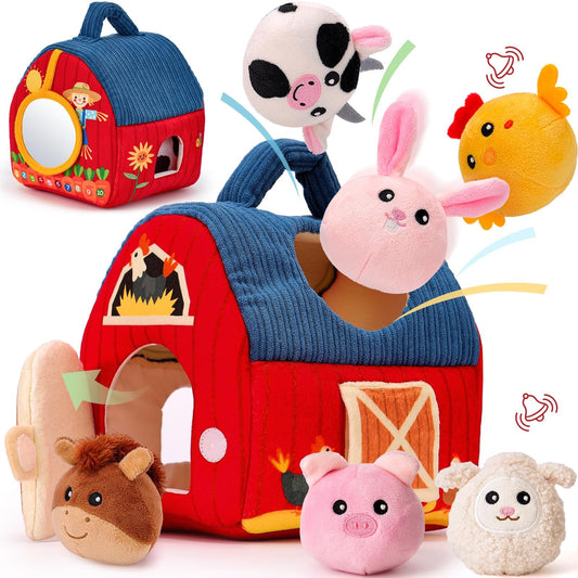 hahaland Baby Spielzeug 6-12 Monate,Bauernhoftiere & Bauernhof Montessori Sensorisches Spielzeug mit Scheune,Rassel